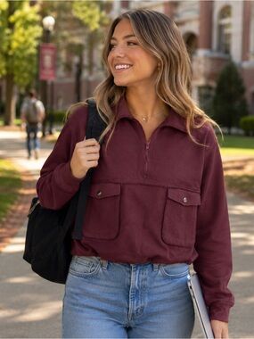 Boutique Brand Sz 3XL Maroon 1/4 Zip Sweatshirt 3/4 Sleeve Raw Hems